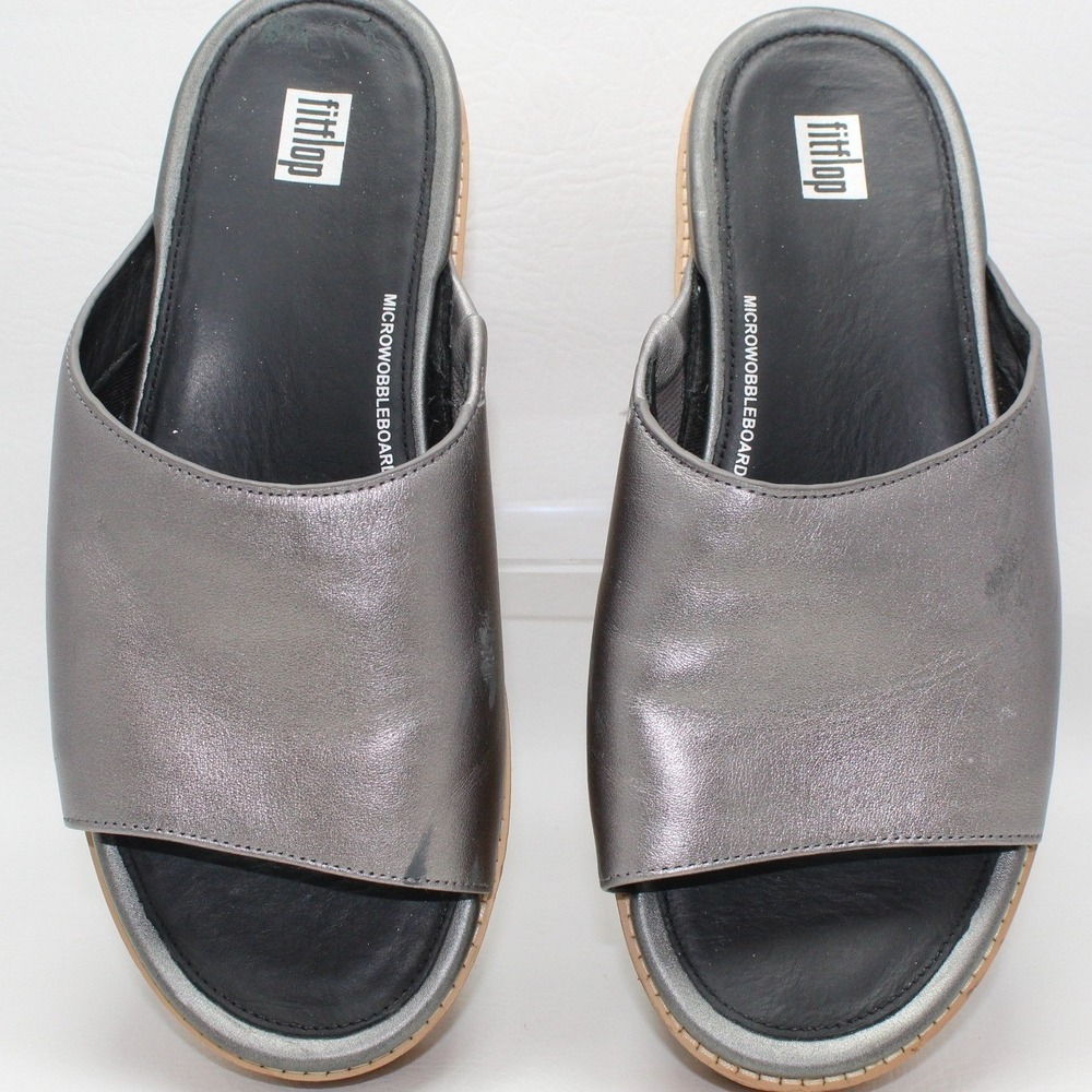 FitFlop Pilar Metallic Leather Cork Platform Slide Sandals Pewter Womens 8